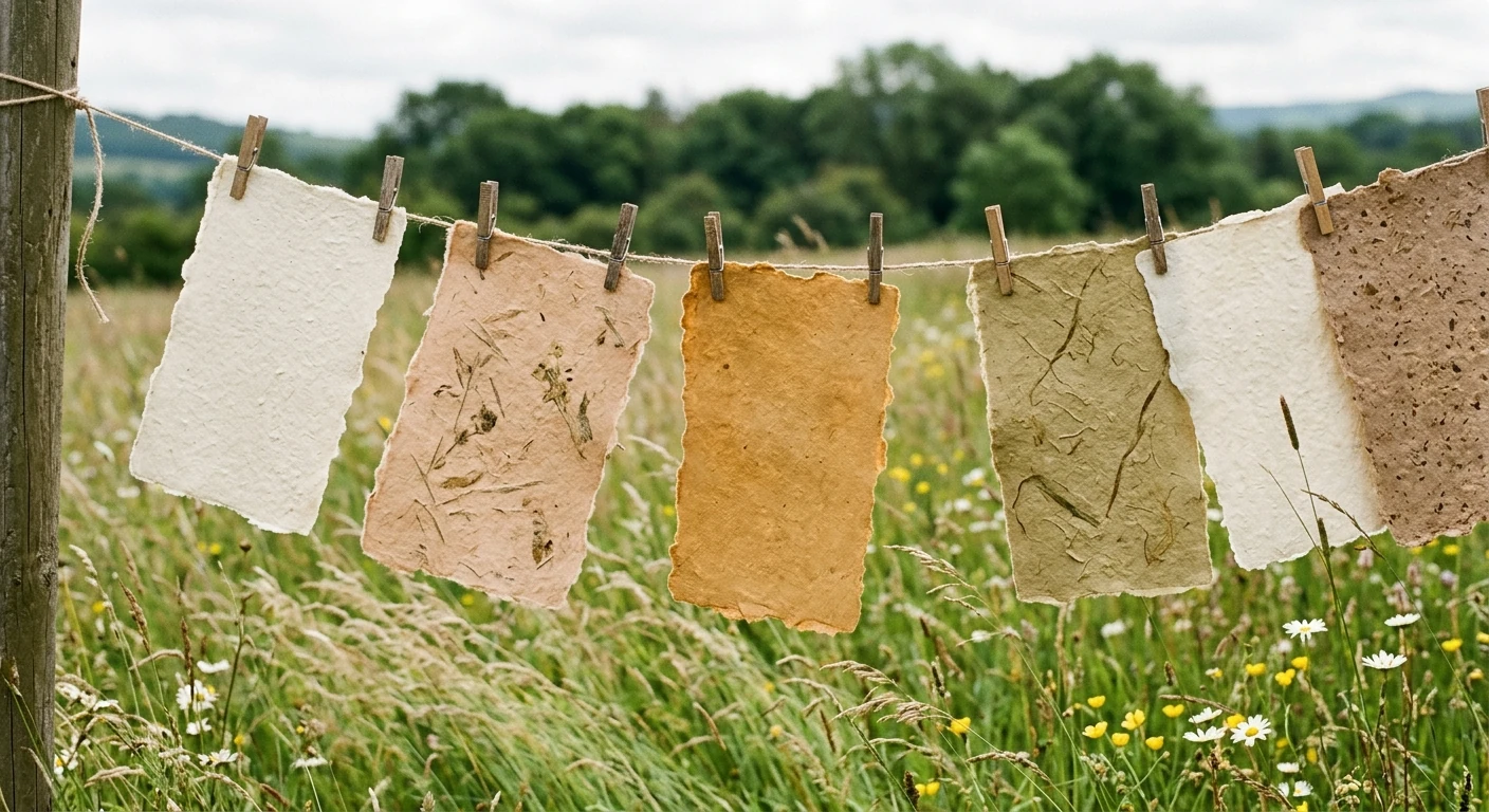 Handmade paper sheets with deckled edges drying on a clothesline