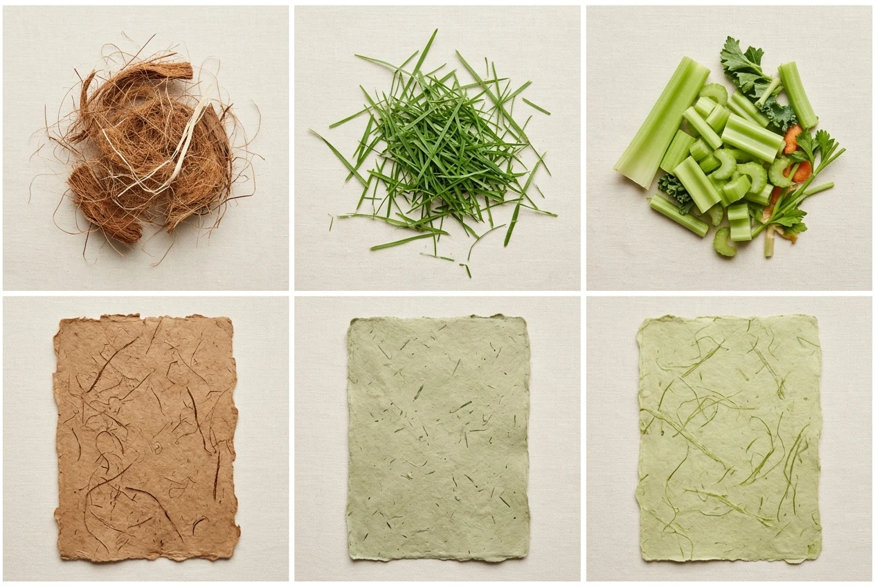 Six-panel grid: coconut fiber, grass clippings, and celery ends on top; the three handmade paper sheets they became underneath
